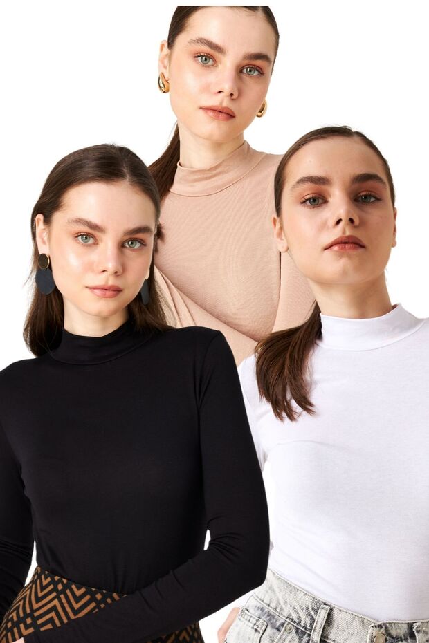 Women's Black White Beige Turtleneck Basic Bodysuit Set of 3
