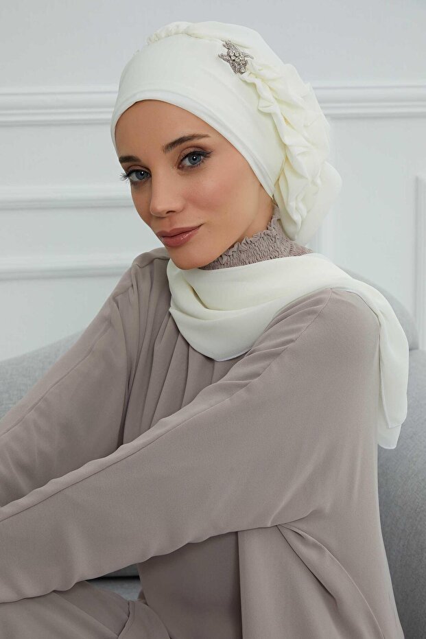 Chiffon Ready-To-Wear Turban with Side Ruffles and Silver Accessories, Ht-106, Ht-106, Cream