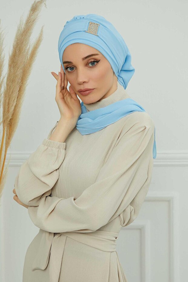Low-Cut, Coverable Chiffon Ready-To-Wear Turban with Gold Accessories, Baby Blue, Ht-11
