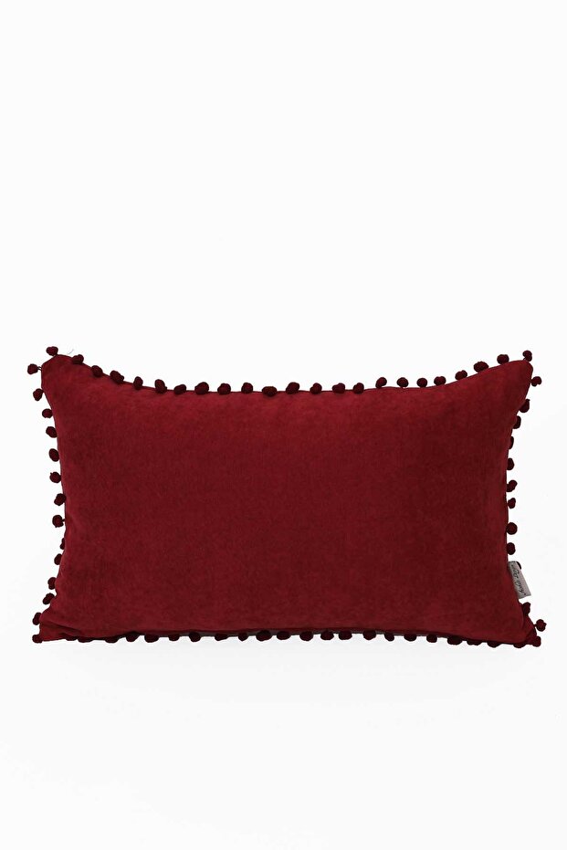 Plain Rectangular Throw Pillow Cover with Pompom Edges, K-110, Burgundy