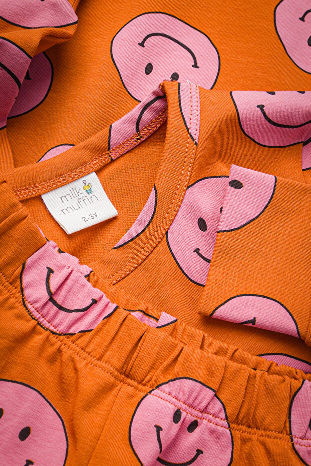 Pink Smiling Face Patterned Pajama Set - 3