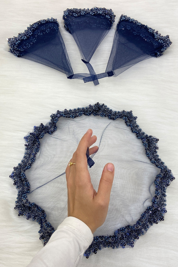 Navy Blue Bride Groom Halay Handkerchief, Glass Beads and Pearls, Henna Night Bride Wedding Bridesmaid Promise Engagement