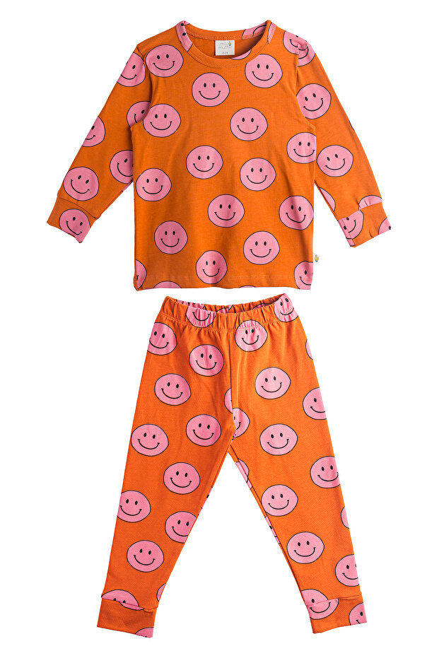 Pink Smiling Face Patterned Pajama Set - 1