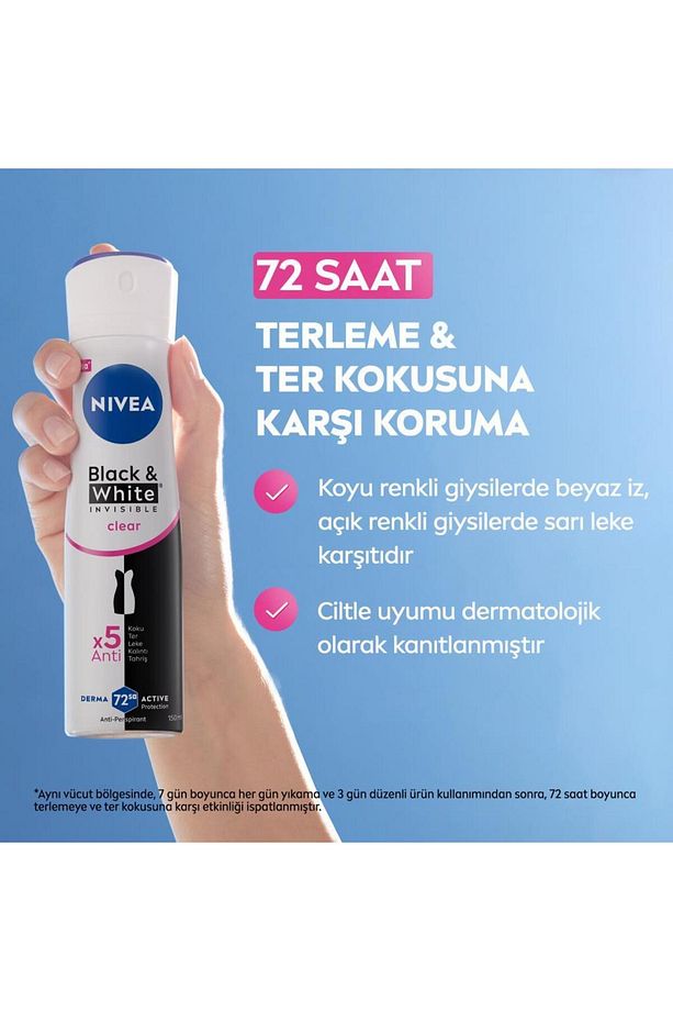 Kadın Sprey Deodorant Black&White Invisible Clear 150ml, 72 Saat Anti-perspirant Koruma, X3 Adet - 3