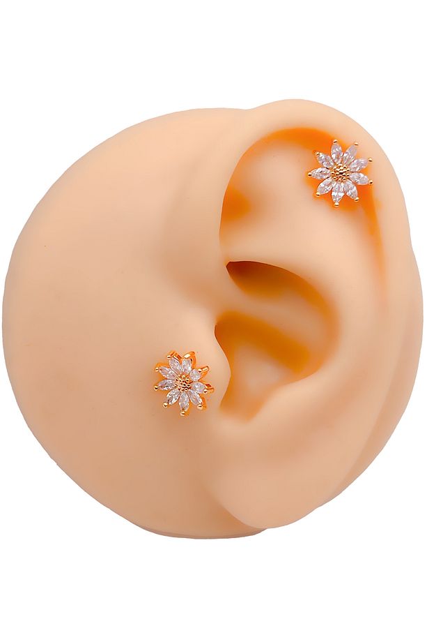 Cerrahi Çelik Piercing Zirkon Taşlı Günebakan Figürlü Kıkırdak Helix Tragus Piercing(1adet) - 2