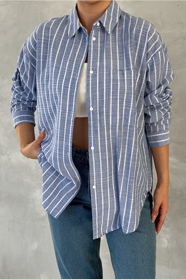 Women's Blue Striped 100% Cotton Oversize Shirt (Buy Size 1 Small)