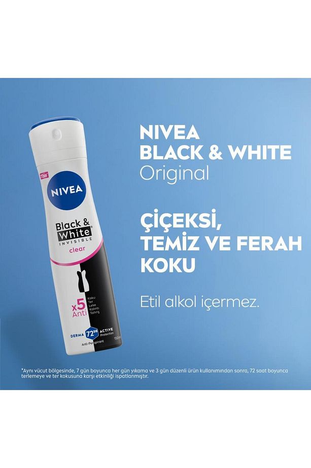 Kadın Sprey Deodorant Black&White Invisible Clear 150ml, 72 Saat Anti-perspirant Koruma, X3 Adet - 5