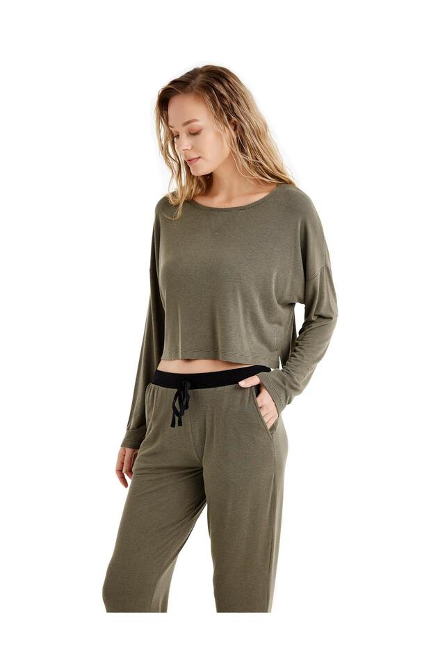 Women's Long Sleeve Khaki Viscous Pajamas Set C8T7N4O06