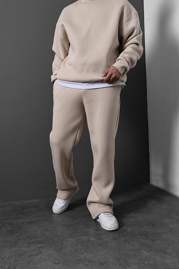 Erkek Bej Basic Baggy Kalıp Eşofman - 1