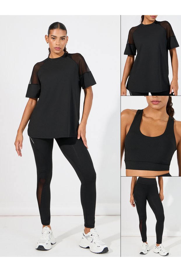 Pack of 3 - Shoulder Mesh Detail Top, Back Dual Tear Drop Sports Bra & Leggings Set