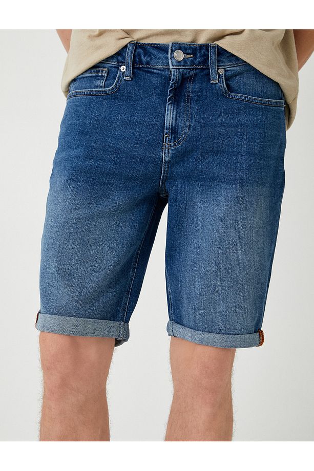 Slim Fit Kot Şort Cep Detaylı Katlamalı Paça Pamuklu - 5
