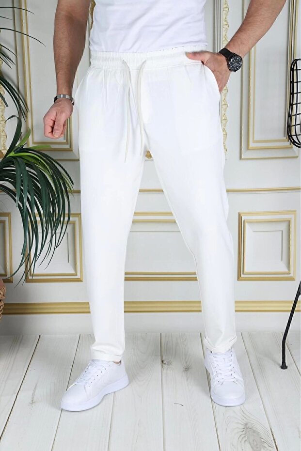 Men's White Italian Cut Slim Fit Lycra Elastic Double Leg Fabric Trousers School Nurse