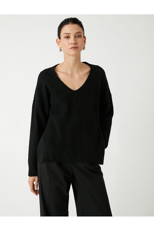 Yumuşak Dokulu Uzun Kollu Basic V Yaka Oversize Triko Kazak - 3