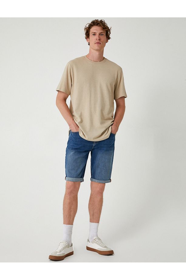 Slim Fit Kot Şort Cep Detaylı Katlamalı Paça Pamuklu - 1