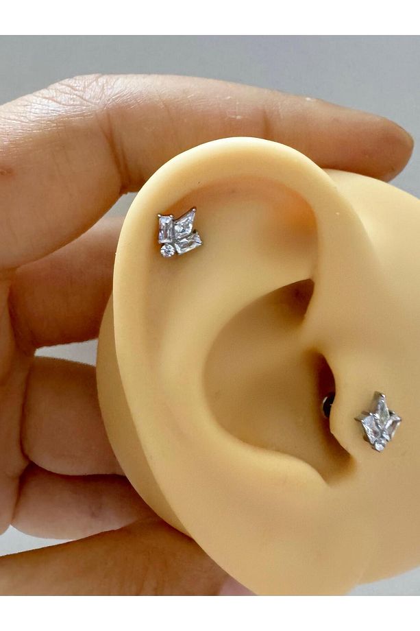 1 adet G23 TİTANİUM ( titanyum) zirkon taşlı tragus kıkırdak  conch flat  helix lobe uyumlu piercing - 3