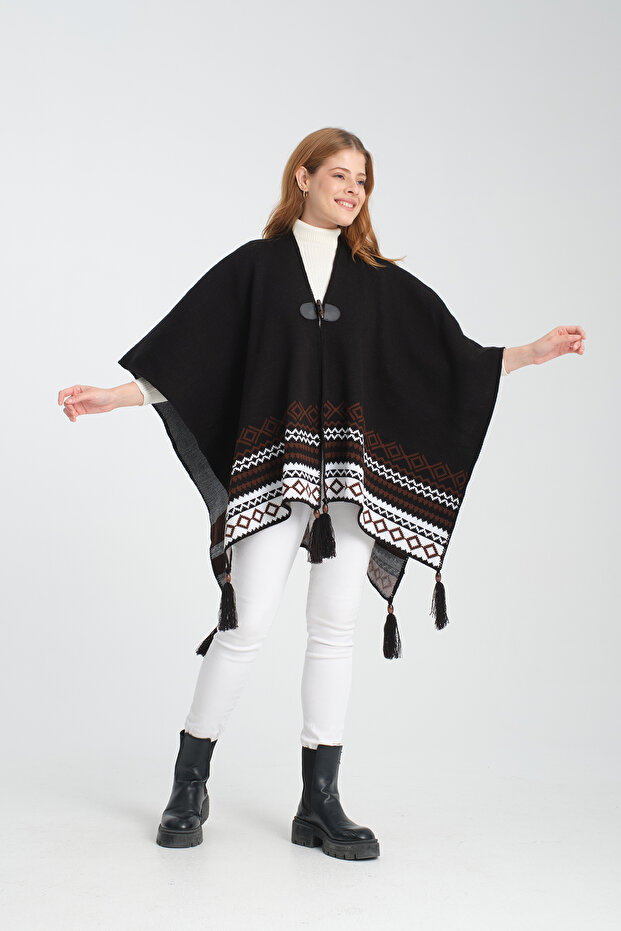 Ethnic Patterned Poncho, Fisherman Stitch Button Detailed Poncho, Outerwear Poncho, Knitwear Stylish Poncho