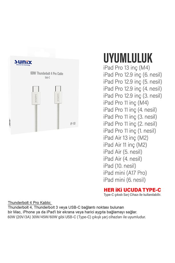 iPad Pro 12.9inç 3. 4. 5. 6. Nesil Tablet Şarj Kablosu Type-C Thunderbolt 4 60W - 3