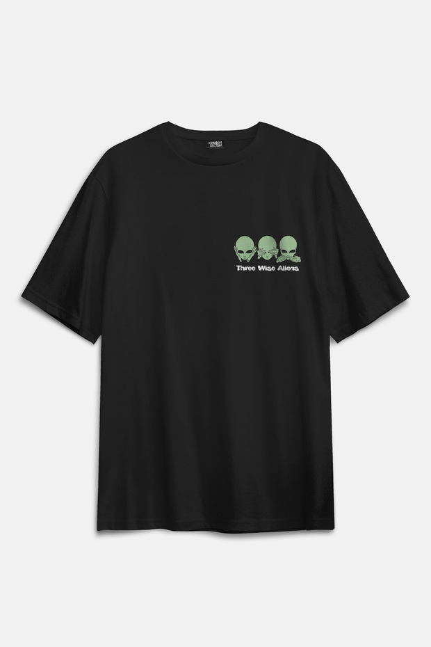 Ufo Mars Space Cosmos Pattern - Black Oversize T-Shirt