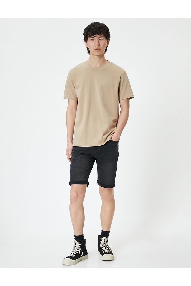 Yırtık Kot Şort Bermuda Slim Fit Katlı Paça Düğmeli - 1