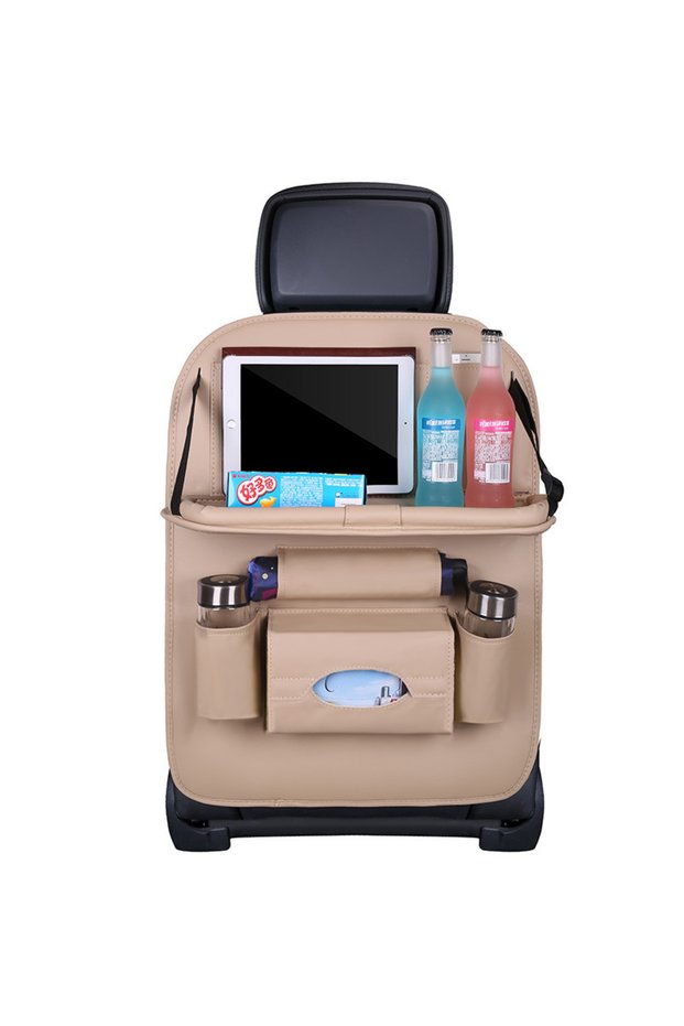 DUTRIEUX Beige Color Deluxe Car Backseat Organizer With Foldable Table, Kick Mats, Tissue Box & More