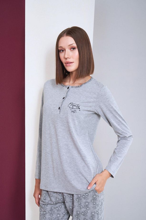 Kadın Patlı Yıldız Desenli Uzun Kol Pijama Takım - 5
