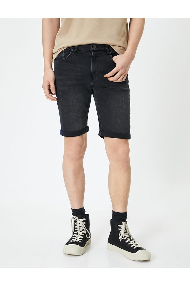Yırtık Kot Şort Bermuda Slim Fit Katlı Paça Düğmeli - 3