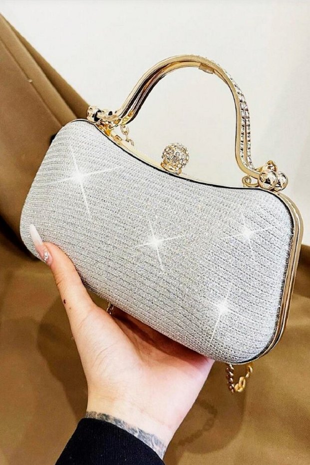 Women's Silver Shiny Fabric Gold Case Evening Dress Bag Zircon Stone Evening Dress Stylish Bag Is an Elegant Design