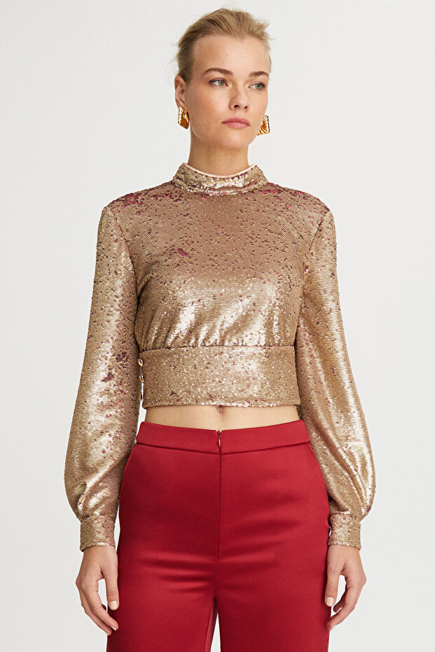 Laras High Collar Sequined Long Sleeve Gold Color Evening Dress Blouse
