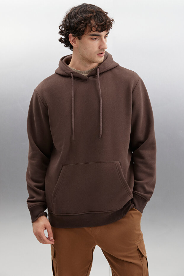 Jorge Men's Soft Hooded Organic Cotton Kangaroo Pocket Regular Bitter Brown Sweatshirt