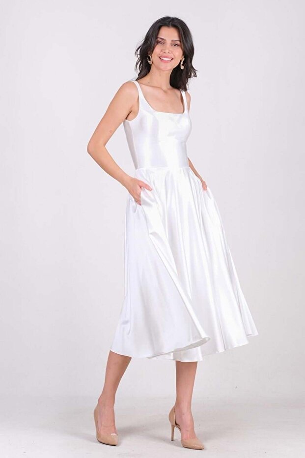 Nema Sırtı Çapraz Bağlamalı U Yaka Midi Abiye Elbise EKRU - 2