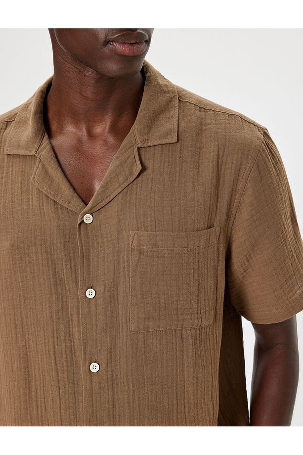 Dokulu Cep Detaylı Regular Fit Pamuklu Basic Kısa Kollu Gömlek - 5