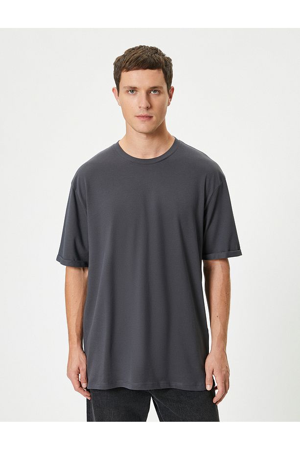 Basic Oversize Tişört Bisiklet Yaka Kısa Kollu - 3