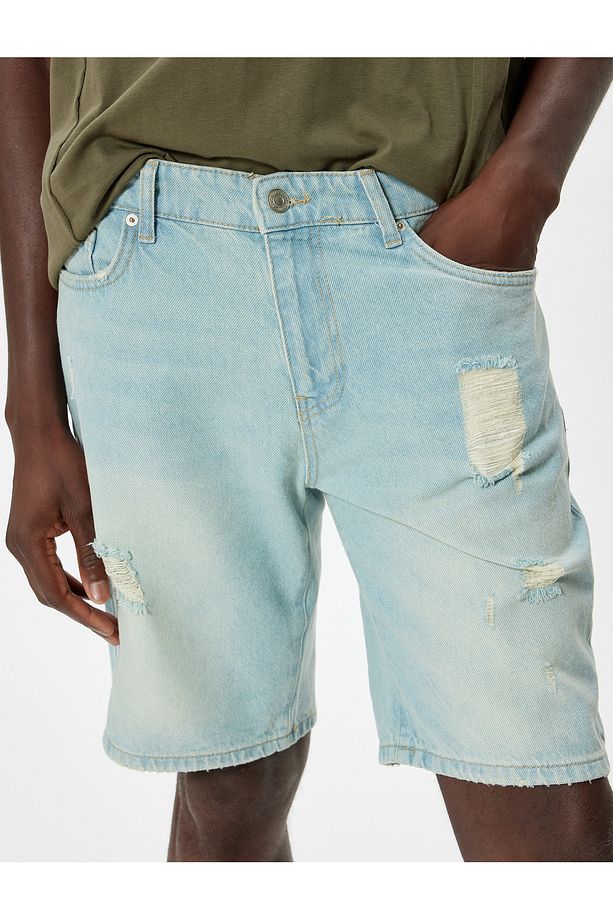Oversize Kot Şort Bermuda Yırtık Pamuklu - 5