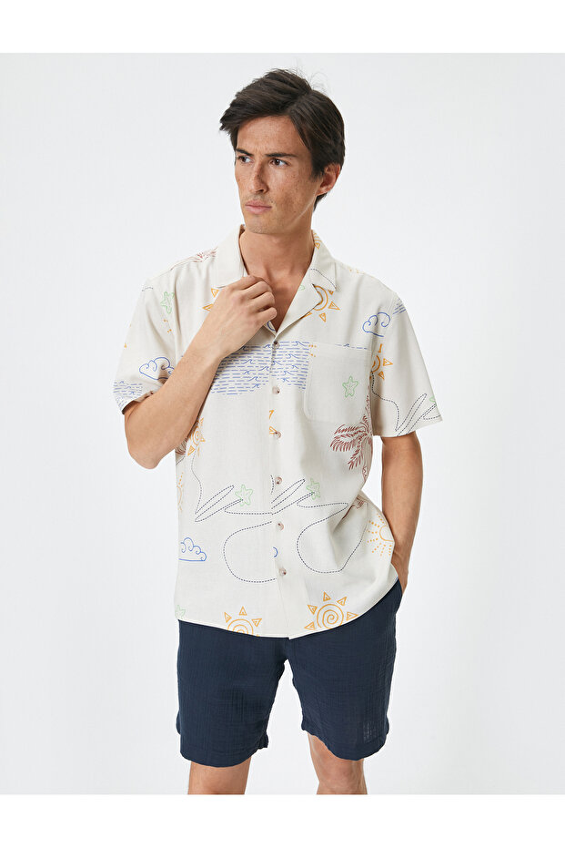 Summer Shirt Patterned Turn-Down Collar Pocket Detailed Linen Blend