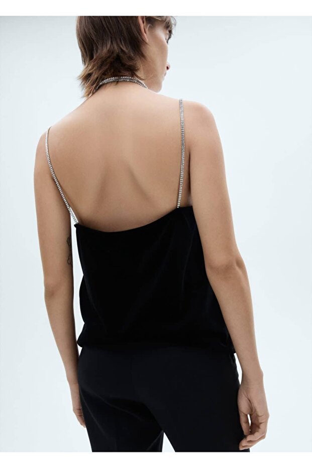 Strass Taşlı Askılı Kadife Bluz - 4