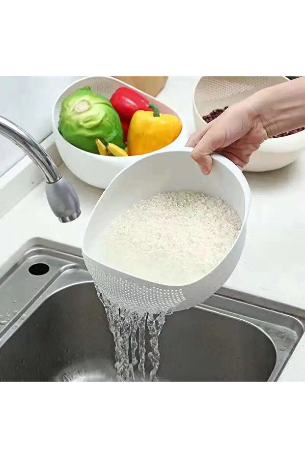 1 PCS WHITE Rice Sieve Rice Drainage Basket Plastic Colander Kitchen Drain Basket Rice Bowl Fruit Ve