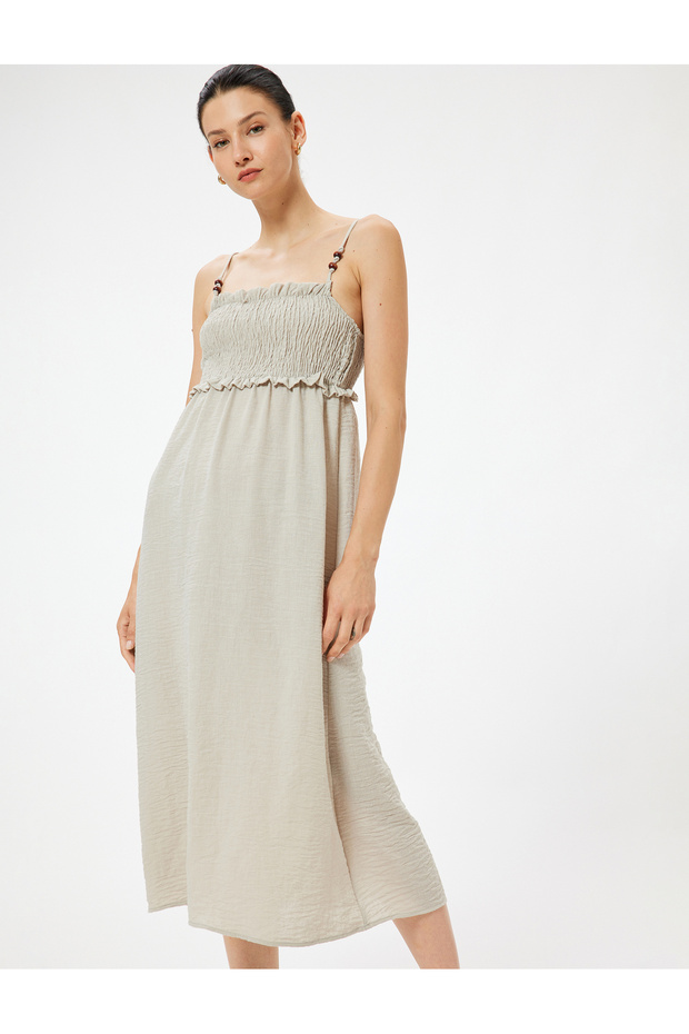 Thin Strap Midi Length Ruffle Dress with Gimped Bead Detail