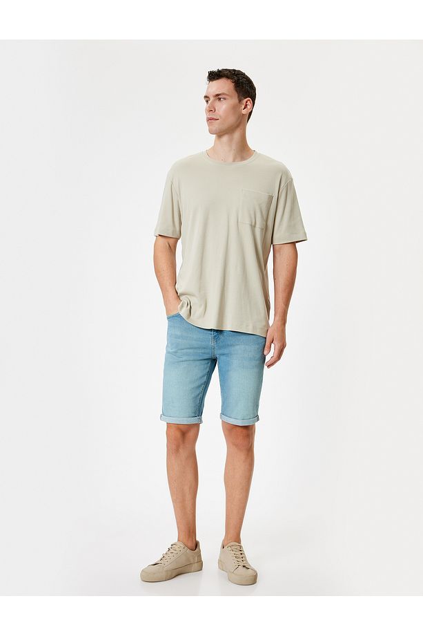 Slim Fit Kot Şort Bermuda Katlamalı Paça Cep Detaylı Pamuklu - 1