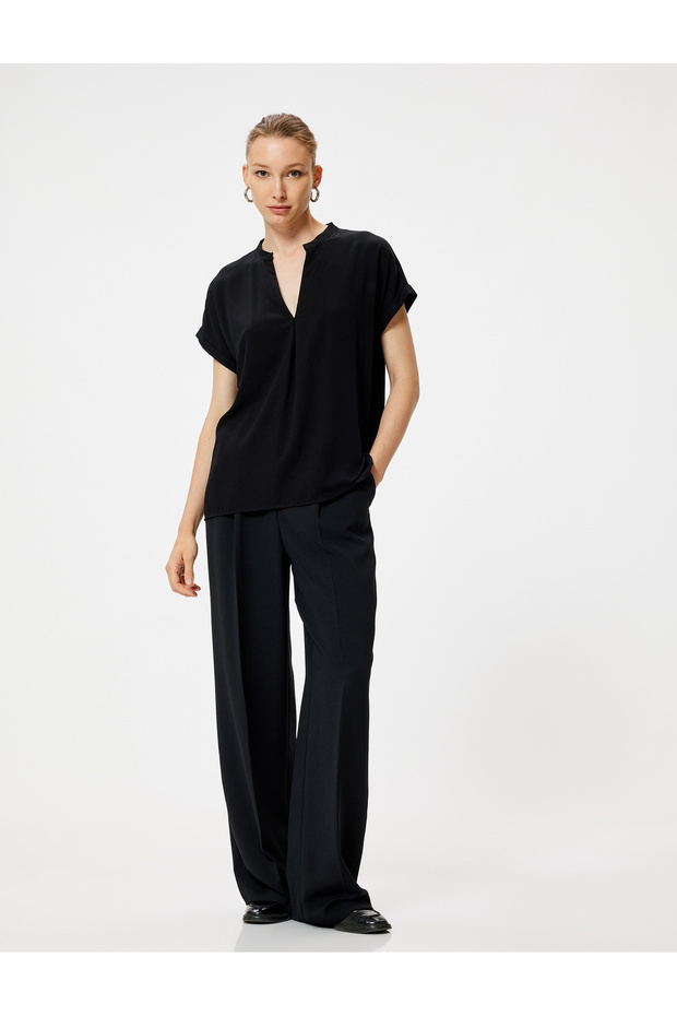 Viscose Fabric Mandarin Collar Blouse Short Sleeve