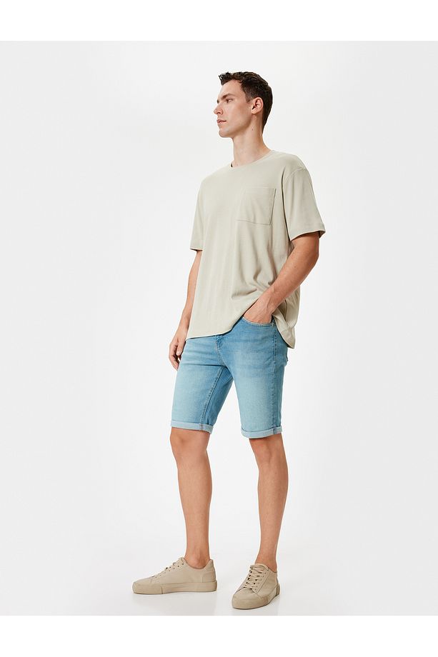 Slim Fit Kot Şort Bermuda Katlamalı Paça Cep Detaylı Pamuklu - 2