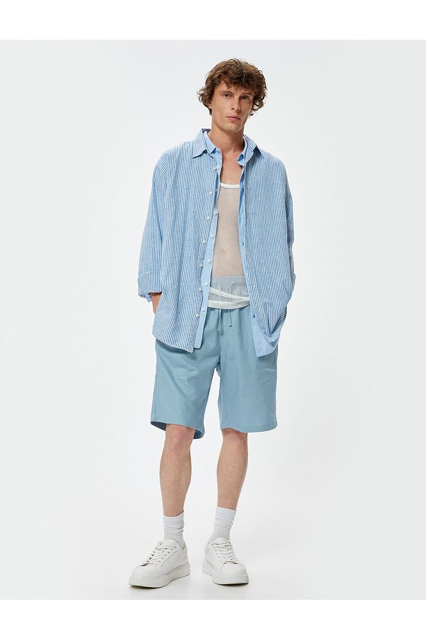 Oversize Şort Keten Bermuda Beli Bağcıklı Cep Detaylı - 1