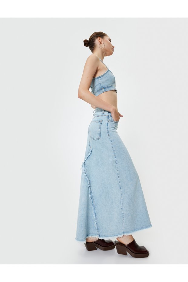 Denim Long Skirt A-Line Buttoned Standard Waist Cutout Tasseled Hem