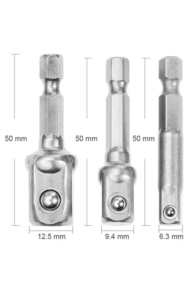 50mm Short-3pcs Chrome Vanadium Steel Socket Adapter Hex Shank to 1/4" 3/8" 1/2" Extension Drill Bit