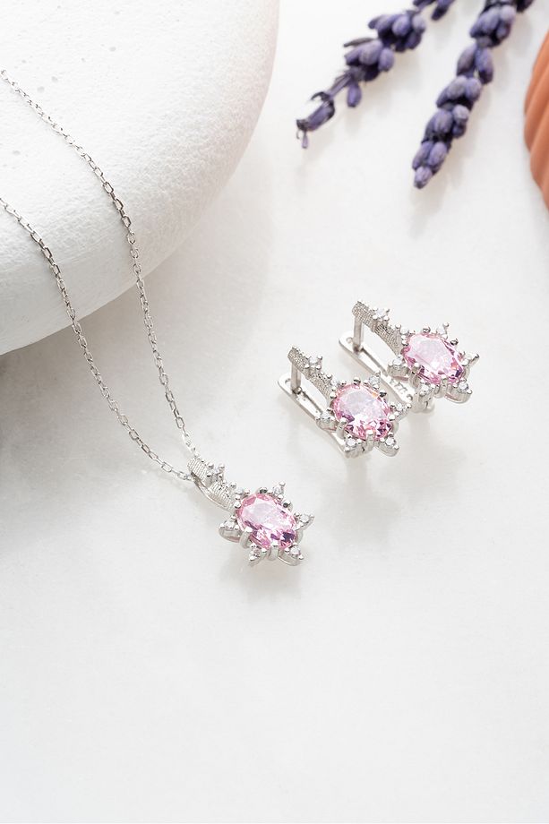 925 Ayar Gümüş Pembe Oval Taşlı Küpe Ve Kolye Set - 1