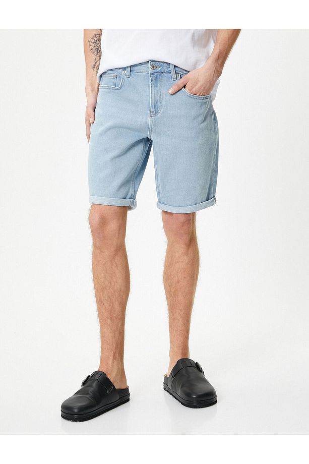 Kot Şort Bermuda Slim Fit Katlı Paça Düğmeli Cep Detaylı - 3
