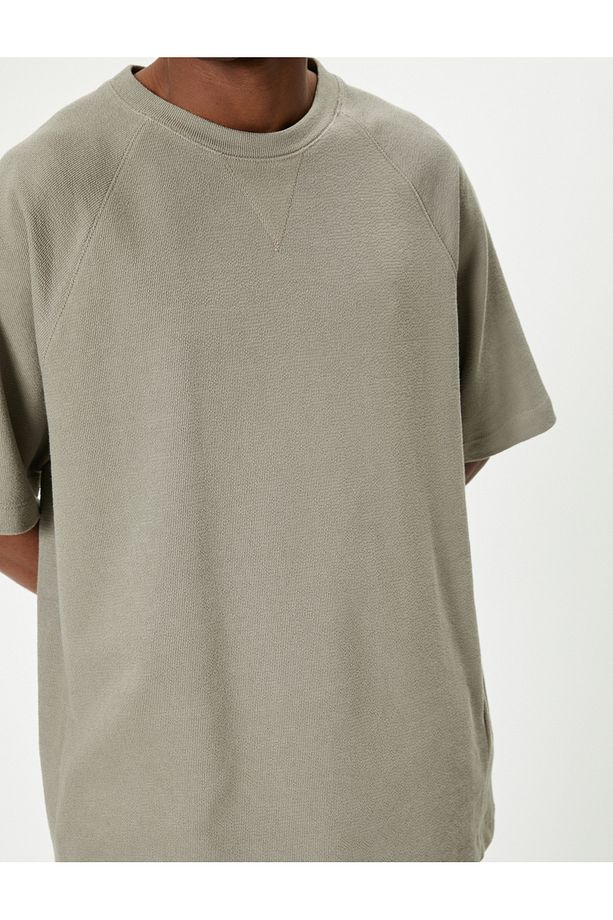 Oversize Tişört Basic Dokulu Bisiklet Yaka Kısa Kollu - 5