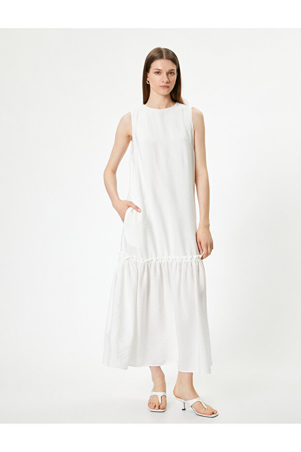 Sleeveless Viscose Long Dress Lined Skirt Hem Ruffles Crew Neckline