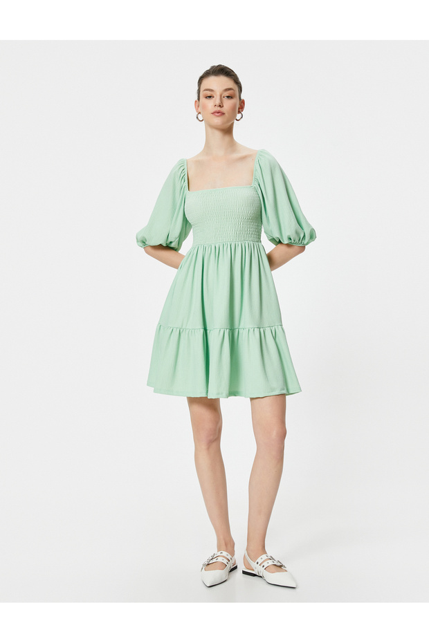 Dress with Gipe Detail, Short Sleeves, Layered Square Collar