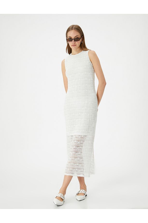 Midi Slip Elbise Bisiklet Yaka Kolsuz Yırtmaçlı - 3