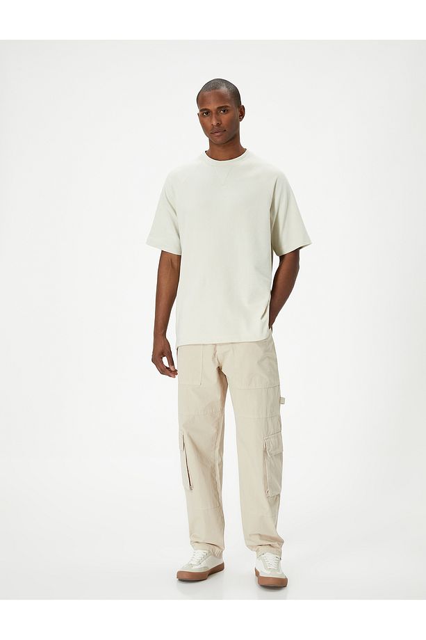 Oversize Tişört Basic Dokulu Bisiklet Yaka Kısa Kollu - 1